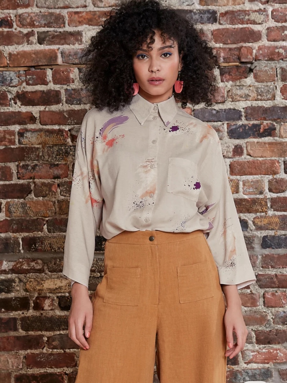 Womens Beige Paint-Splash Button-Up Shirt